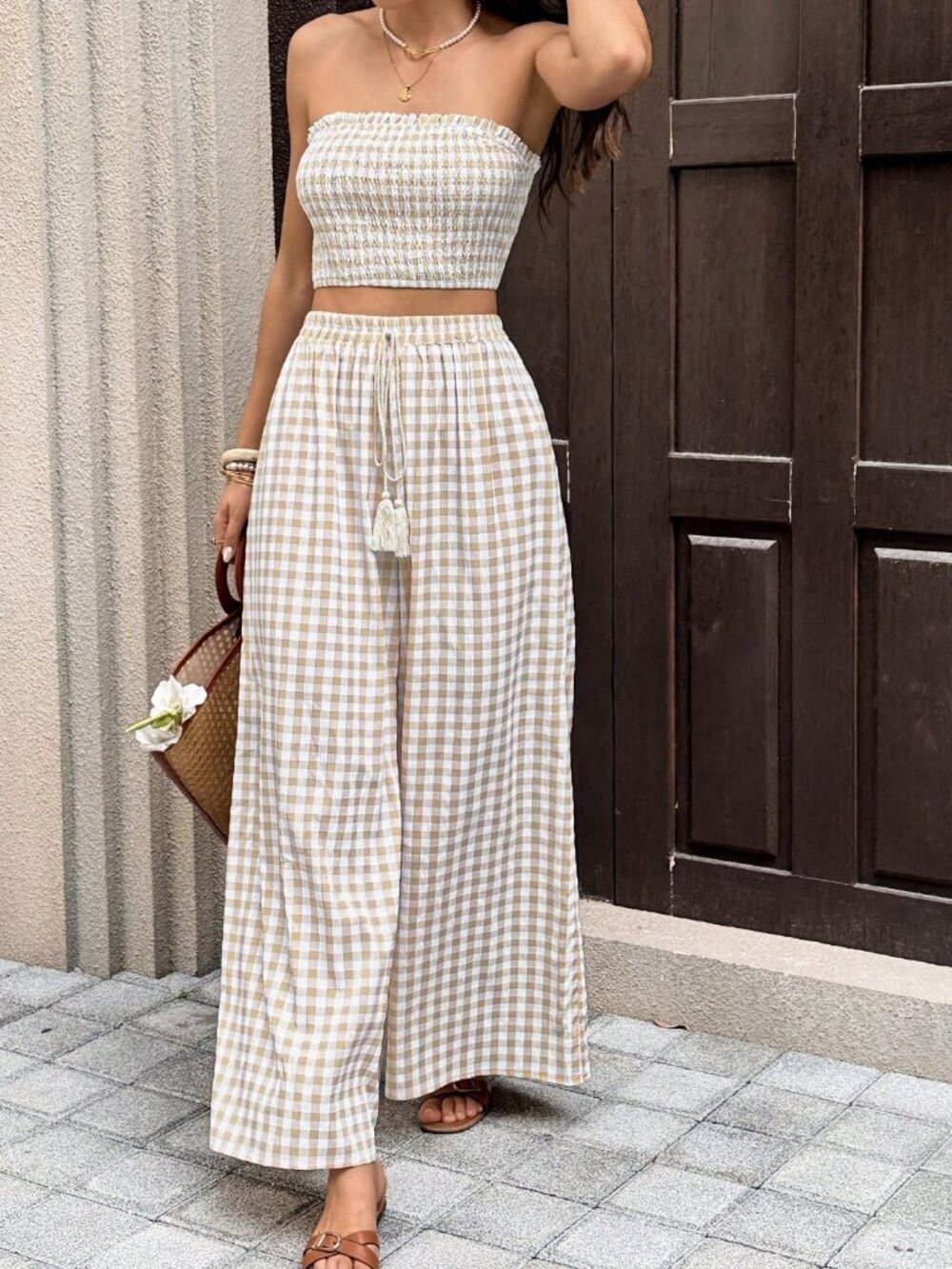 Apricot Boho Women's Vacation Plaid Bandeau Top and Pants Set - Picture 3 of 8